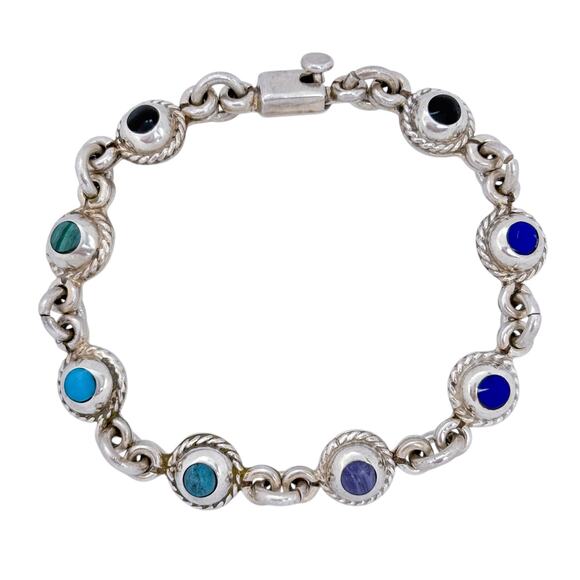Estate Taxco Mexico Sterling Silver 925 Multi-Gem Bracelet 7.5" - Picture 3 of 8
